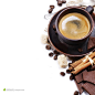一杯咖啡和咖啡杯外的咖啡豆高清摄影桌面壁纸图片素材