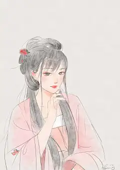 汉服 美女 水彩 插画 人像 梁家大叔