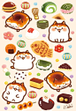 an assortment of food stickers on a white surface with different shapes and colors in the background