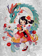 可爱卡通小龙和女孩｜2024龙年印花图案