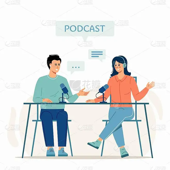 卡通微笑的人听和录音音频播客或在线显示矢量平面插图。素材-花瓣网