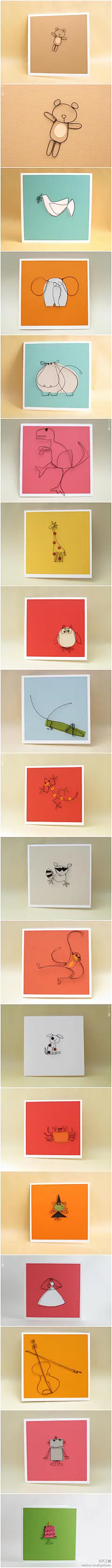 不工堂：Fold是由来自亚利桑那州凤凰城的Miro Chun创建的手作贺卡品牌，她使用再生纸和铁丝制作了这些可爱的贺卡产品，虽然看起来很简单，不过只是铁丝就能拗出这么多形象也是很需要功力的吧？ via: http://t.cn/zOSjQqm