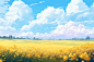油画风夏日乡村田园花朵草坪风景插画