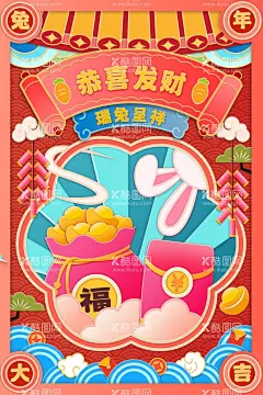 新年祝福卡片海报  - 源文件下载【酷图网】新年贺卡,新年卡片,兔年大吉,新年海报,恭喜发财,新年插画,画轴,卷轴,福字,灯笼,花灯,海浪,国潮,中国风,鞭炮,元宝,祥云,屋檐,手绘,新年元素,新年气氛,新年氛围,