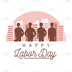 快乐的劳动节庆祝与工人剪影在城市