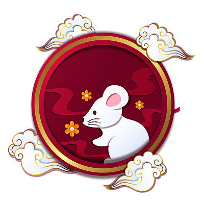 春节窗花剪纸风红色卡通老鼠鼠年新年矢量素材