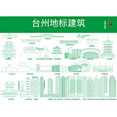 浙台州地标建筑城市剪影天际线景点手绘线稿ai设计素材