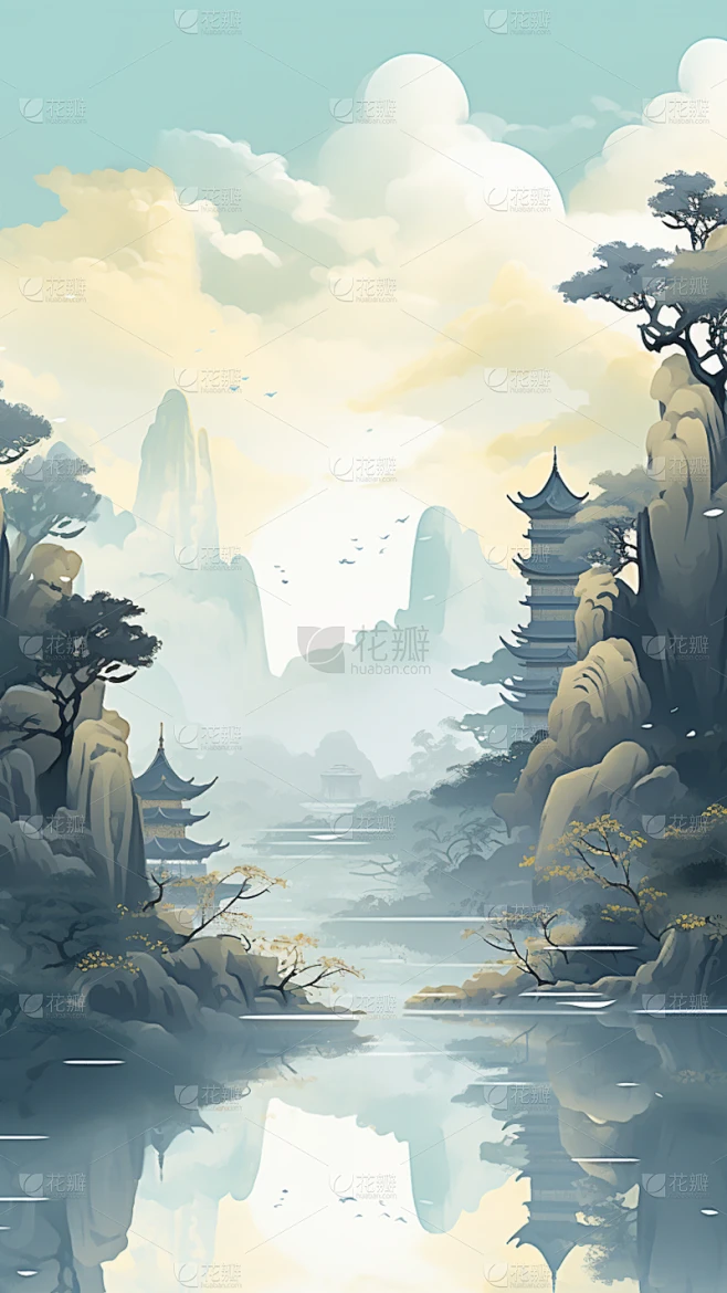 背景通用中国风青绿色山水插画场景背景图片素材素材-花瓣网