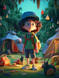 Camping boy, camping girl, wavy curly hair, cartoon dessign, carrying camping equipment, wearing cute hats, spring green grass, tent undder trees, gradient style, sunny day, full body, trendy blind box clean background, natural lighting, 2k, super details