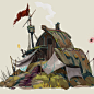 Eastern Island Buildings, Neil Richards : Some early designs for some of the island buildings.
Shipwreck houses and sail covered houses.
Painted in 2 different styles, I prefer the flat edge brush stuff as its so quick to lay in forms.
Painting gets easie