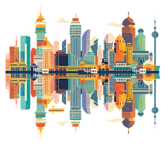 城市天际线-色彩缤纷的城市天际线与水中的倒影