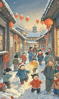 春节雪景街景庆春插画图形元素