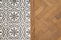 水泥花砖与实木地板交接方法一例。实木直条或实木T字条。