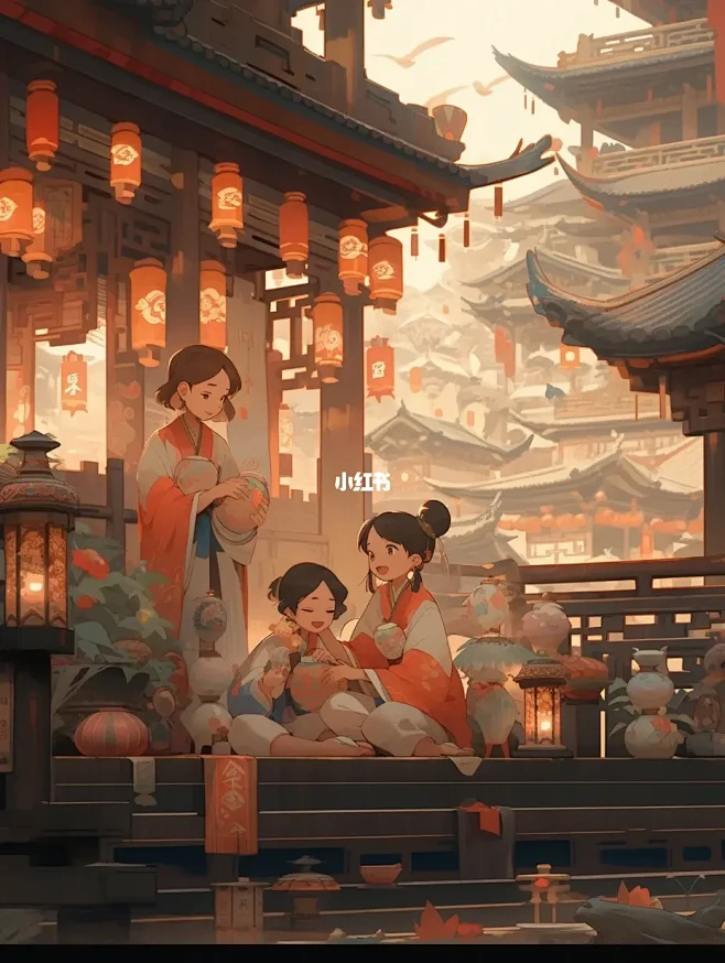 Ai古风插画|一组可爱的国风小女孩-花瓣网