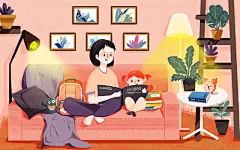 母女亲子读书卡通手绘原创插画海报