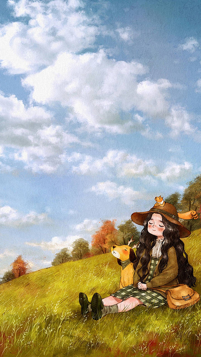 素锦女孩儿深色插画底图素材狗狗田野舒适天空