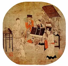 观画图 宋团扇《观画图》，以画中画的方式。一个卖药的道士的草药摊，装饰着吕洞宾和神农的小雕像。向围观的人展示一幅药王孙思邈的骑虎画像。旁边站着另一位世俗医生，头戴装饰有眼睛图案标识的帽子，手里拿着一张画着简易图案的灵符。道医的药摊上不仅有真正的草药，还有几个不同类型的头骨，，动物头骨就是一种有效的辟邪药材。折射出人们对健康幸福的追求与渴望
