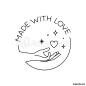 Vector trendy hand made label or badge of gesture in linear modern style. Emblem or logo with hand holding heart and stars - hand made, made with love, donate concept