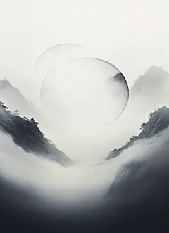 古风山水树木高山海边日出日落