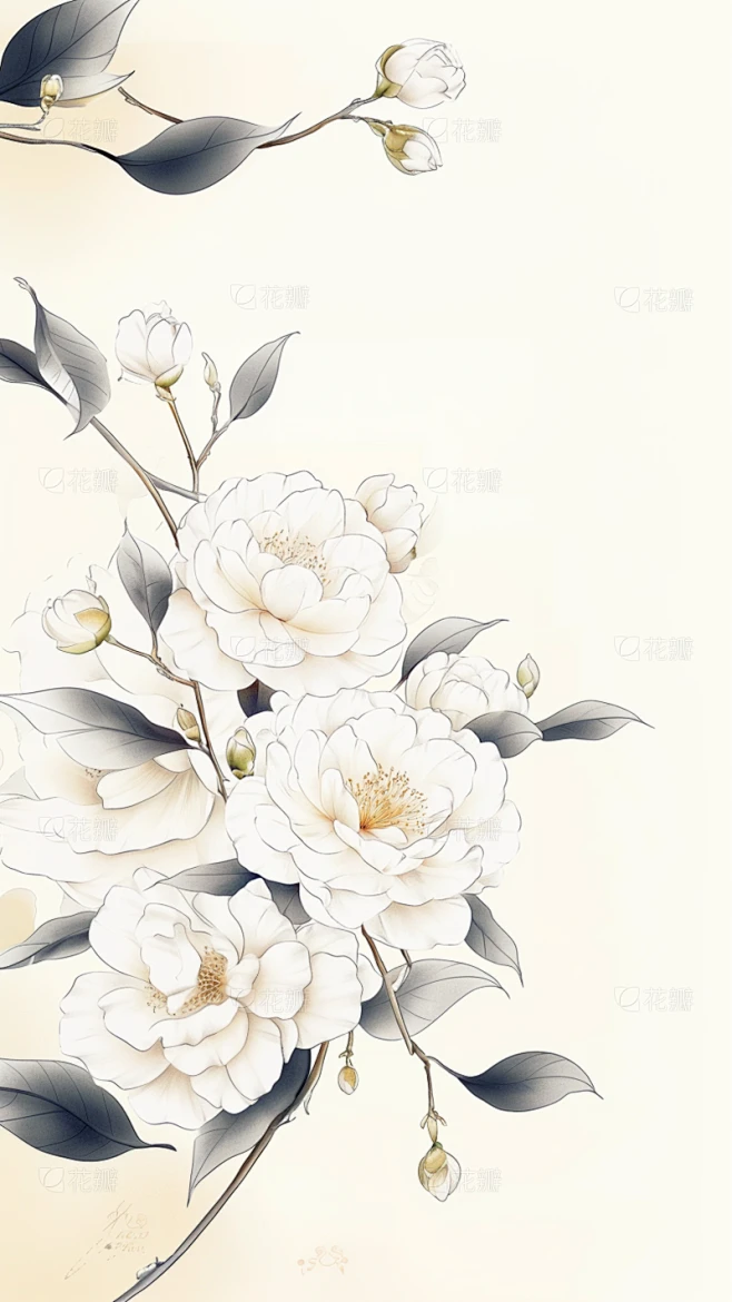 植物系列通用-扁平插画风线描山茶花元素素材-花瓣网