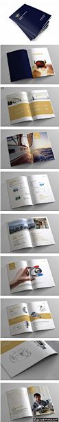 简洁企业文化画册 山蓝色简约风格企业画册封面设计 金色和白色的画册内页配色方案展示