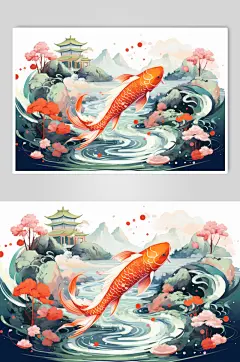 AI数字艺术国潮锦鲤山水建筑元素插画
