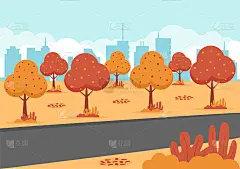 秋天背景着陆页插图落叶和叶子飞在草地上。景观树木与黄色树叶在秋天的季节