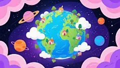 一张充满奇幻色彩的插画海报，画面中心是一颗被绿色陆地和蓝色海洋覆盖的卡通风格星球，星球表面漂浮着许多小房子和树木，周围环绕着白色的云朵和橙色、蓝色的行星，背景是深邃的星空，整体色彩以深蓝、紫色和粉色为主，营造出神秘而梦幻的氛围，画面充满了童趣和想象力，视觉层次分明，主体突出，信息传达清晰，符合儿童和科幻爱好者的审美。