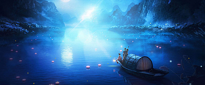 卡通,梦幻,背景,banner,船,湖水...