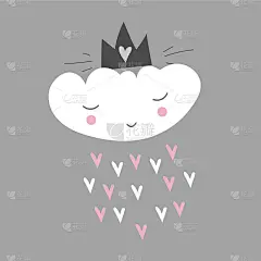 可爱的斯堪的纳维亚海报与云和心。孩子们画的。卡通风格。