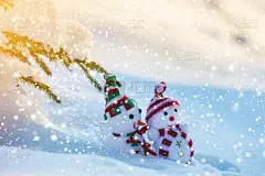 两个有趣的小玩具娃娃雪人在编织的帽子和围巾在深雪户外附近的松树树枝。新年快乐，并附上圣诞贺卡。