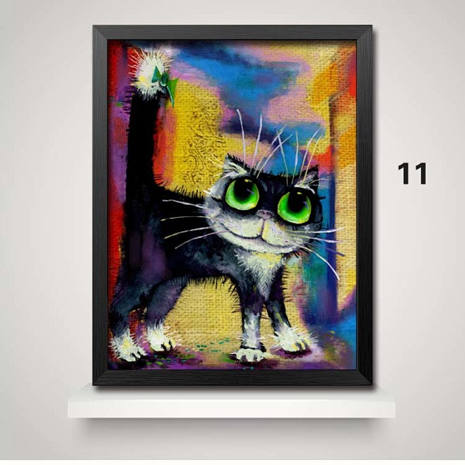 手绘猫咪宠物店有框墙壁画创意油画酒吧玄关...