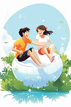 学生放暑假漫画风快乐插画