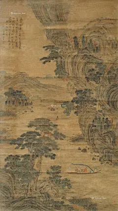 唐寅——【瀑布双垂下,屏风九叠张；波光混彭蠡,山势似浔阳；松坞栖茅屋,枫林带石梁；扁舟如可具,吾意在沧浪】人物山水立轴欣赏  |  
明|唐寅(1470—1523)，字伯虎、子畏，以字行，号六如居士、桃花庵主、鲁国唐生、逃禅仙吏等，吴县(今江苏苏州)人。早学沈周、周臣，宗法李唐、刘松年，融会南北画派，笔墨细秀，布局疏朗，风格秀逸清俊。与沈周、文徵明、仇英并称“吴门四家”，又称“明四家”。书取法赵孟頫。诗文与祝允明、文徵明、徐祯卿并称“吴中四才子”。