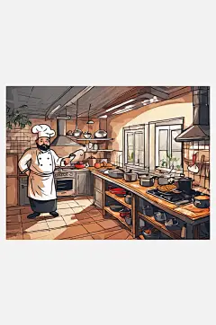 手绘厨师在厨房烹饪插图AI数字艺术-众图网