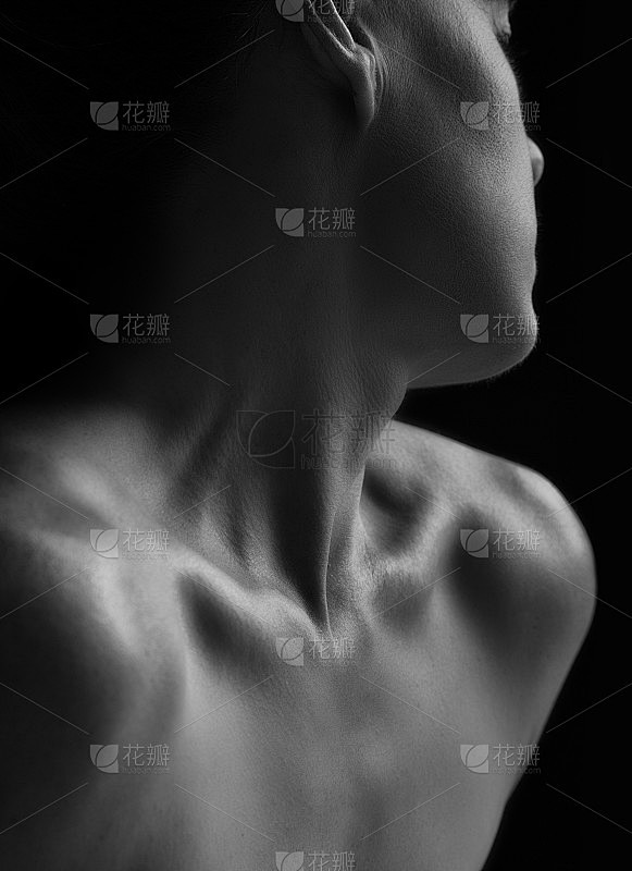 女性颈部和手部的身体景观，情感的艺术转换