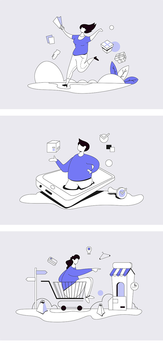 时尚线性风格电商平台业务界面UI场景插画...