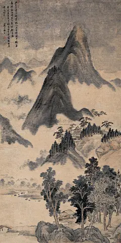 杨晋——《溪山雨意（米家云山图）》【五月江声入阁寒，故人西望倚阑干。珠帘新卷西山雨，第一峰前独自看。辛酉夏至后二日，仿高尚书笔，写杨铁崖怀友诗意】人物山水 立轴欣赏 | 
清|杨晋(1644-1728)字子和、子鹤，号西亭、谷林樵客、鹤道人，又署野鹤。宫廷画家，以界画见长。工农村景物，尤善画牛，多写意，兼及人物写真，花鸟草虫。山水为王翚入室弟子，凡有人物、舆轿、驼马牛羊等皆命补之。尝摹内府所藏名迹。