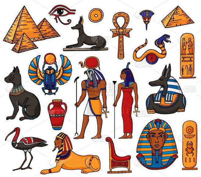 埃及矢量法老人物古代男人神拉金字塔狮身人...