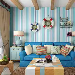 H海魂无纺布墙纸 客厅卧室背景满铺 蓝色地中海简约竖条纹壁纸188-tmall.com天猫