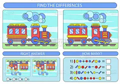 找出两列火车的区别。孩子们猜谜娱乐。板材不同的玩具施工设备。游戏任务的注意力。数学练习。矢量插图。