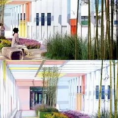 西安立德思小学景观设计

正如我们预期的那样，校园景观作为传统室内课程的拓展有助于激发更多的教育灵感。在这个校园里有两个执行上述目的的空间：四层的蒙德里安空中走廊与二层的好奇心乐园。蒙德里安空中走廊是连接两栋独立建筑的连廊走道。红黄蓝三原色奠定了空中乐园的色彩基调。经典的构图及配色创造出一种纯粹的形式，来表现建筑、景观、人三者之间的和谐关系。