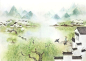 青山绿水 小桥流水 水墨山水 国画 水墨 手绘