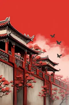 AI数字艺术创意房屋中国风屋檐墙壁插画-众图网
