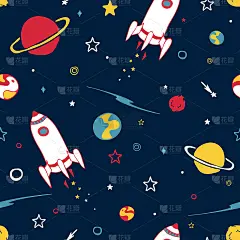 无缝矢量模式与飞船在深蓝色的背景。儿童手绘空间壁纸设计。卡通银河时尚纺织品。
