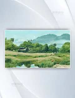 村庄田园风光唯美景色插画