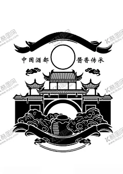 酿酒图 【酷图网】酿酒图,祥云,酒坛,飘带,边框,建筑
