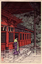 Kawase Hasui (1883-1957). Hiejinja Shrine in Rain. Bookplate from the book Shinto and its Architecture by Akiyama Aisaburo.