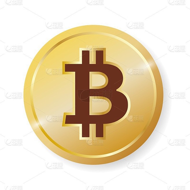 金色闪亮的比特币图标，徽章，符号。真实的硬币与阴影在白色的背景