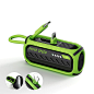 This may contain: a green radio with the words move speed on it's front and back sides